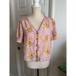 Madewell Button Front Blouse Size M Pink Yellow Floral Linen Blend Puff Sleeve